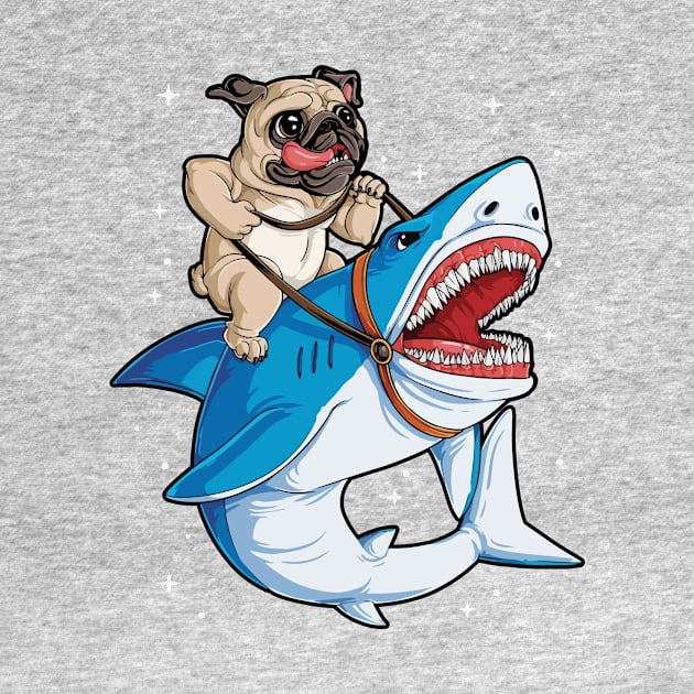 baby pug riding shark by tinhyeubeshop